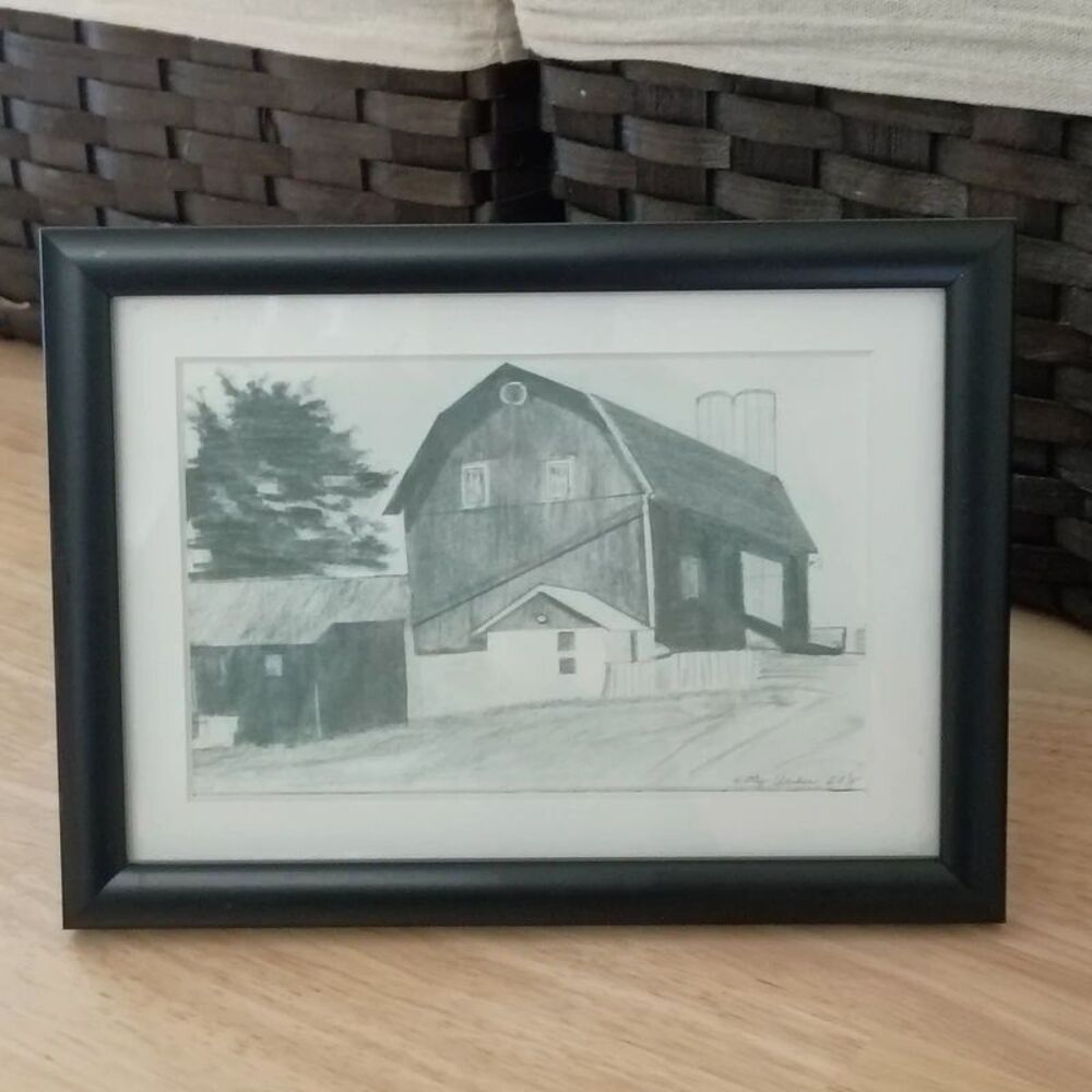 Kathy Weider Signed Graphite Pencil Drawing Country Barn Sketch in Metal Frame